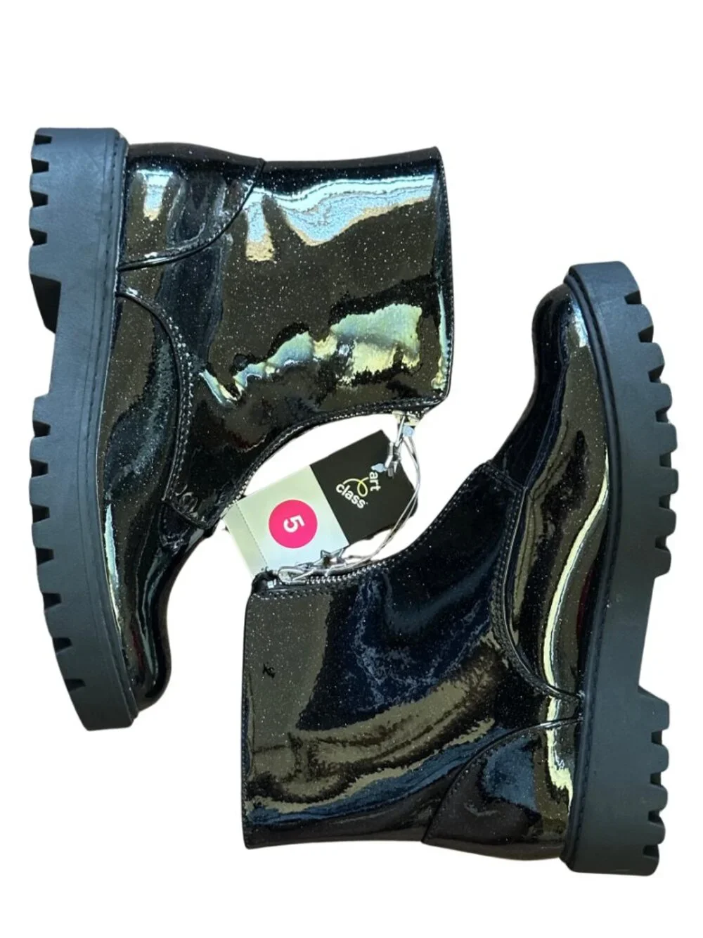 Girls Black Patent Combat Boots Lug Sole Size 5 Big Kids Art Class Myra New